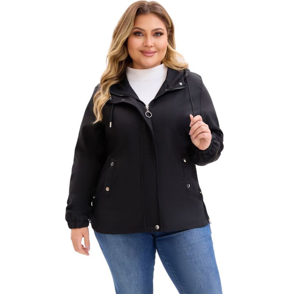 Plus Size Trench Anorak Zip Up Pockets with Hood Coats Jacket Black